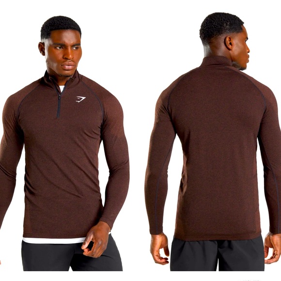 Gymshark Vital Seamless 1/4 Zip Pullover Men Medium Cherry Brown Slim Fit Run - Picture 1 of 13